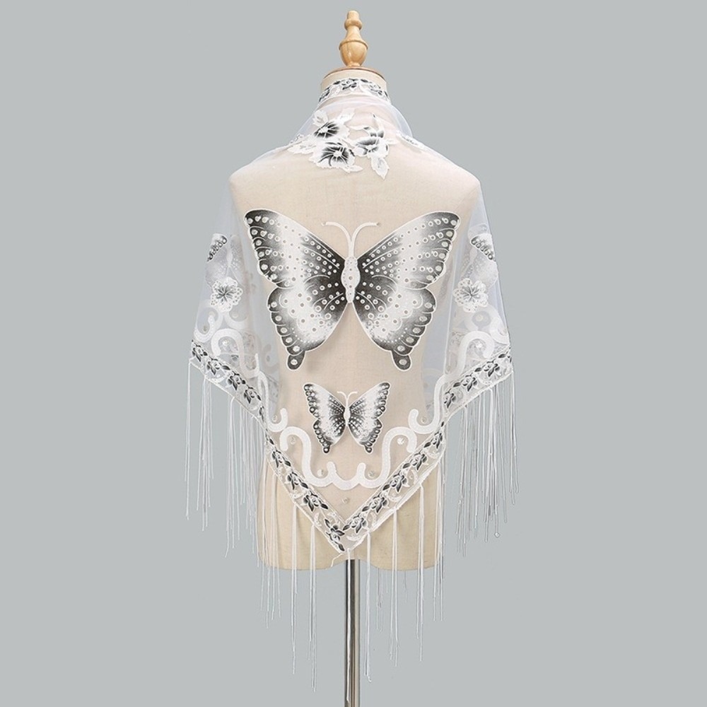 Tassel Fringe Trim - ผ้าพันคอหรูหรา ลายลูกไม้ฉลุ ปักลายผีเสื้อ พู่ห้อย ผ้าคลุมไหล่สามเหลี่ยม ผ้าโพลีเอสเตอร์ตาข่าย