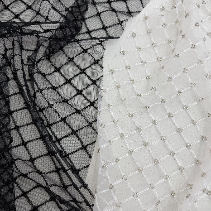 Crystal Mesh Fabric - ผ้าตาข่ายปักลายลูกปัดแบบริปสต็อป ประดับเลื่อม สำหรับชุดแต่งงาน ออกแบบเสื้อผ้า ผ้า DIY