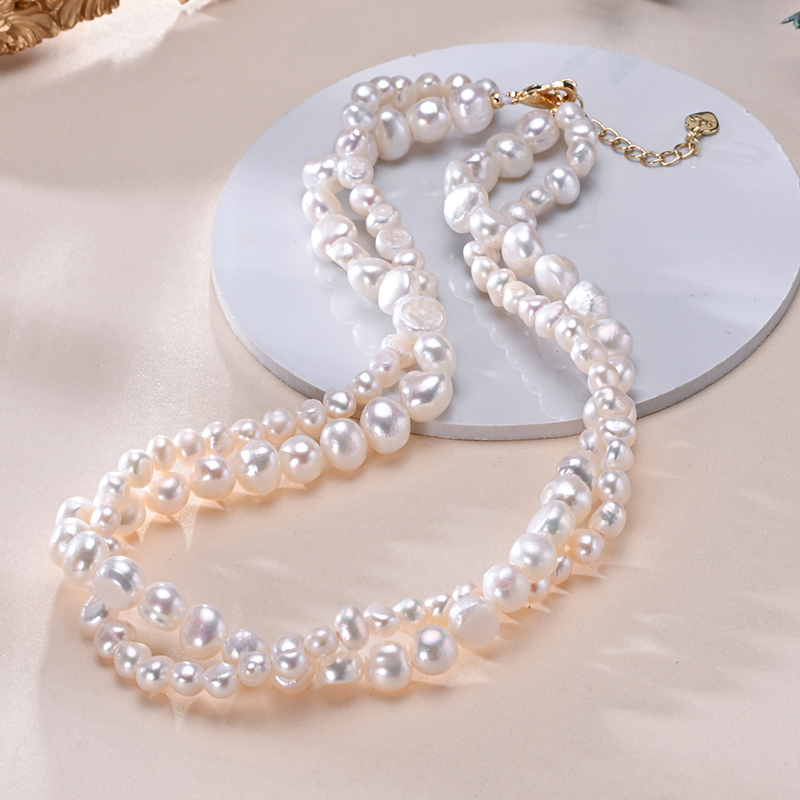 Pearl Trim Chain - HENGSHENG Baroque น้ําจืด 5-6 มม.8-9 มม.สีขาวมุกสร้อยคอคู่