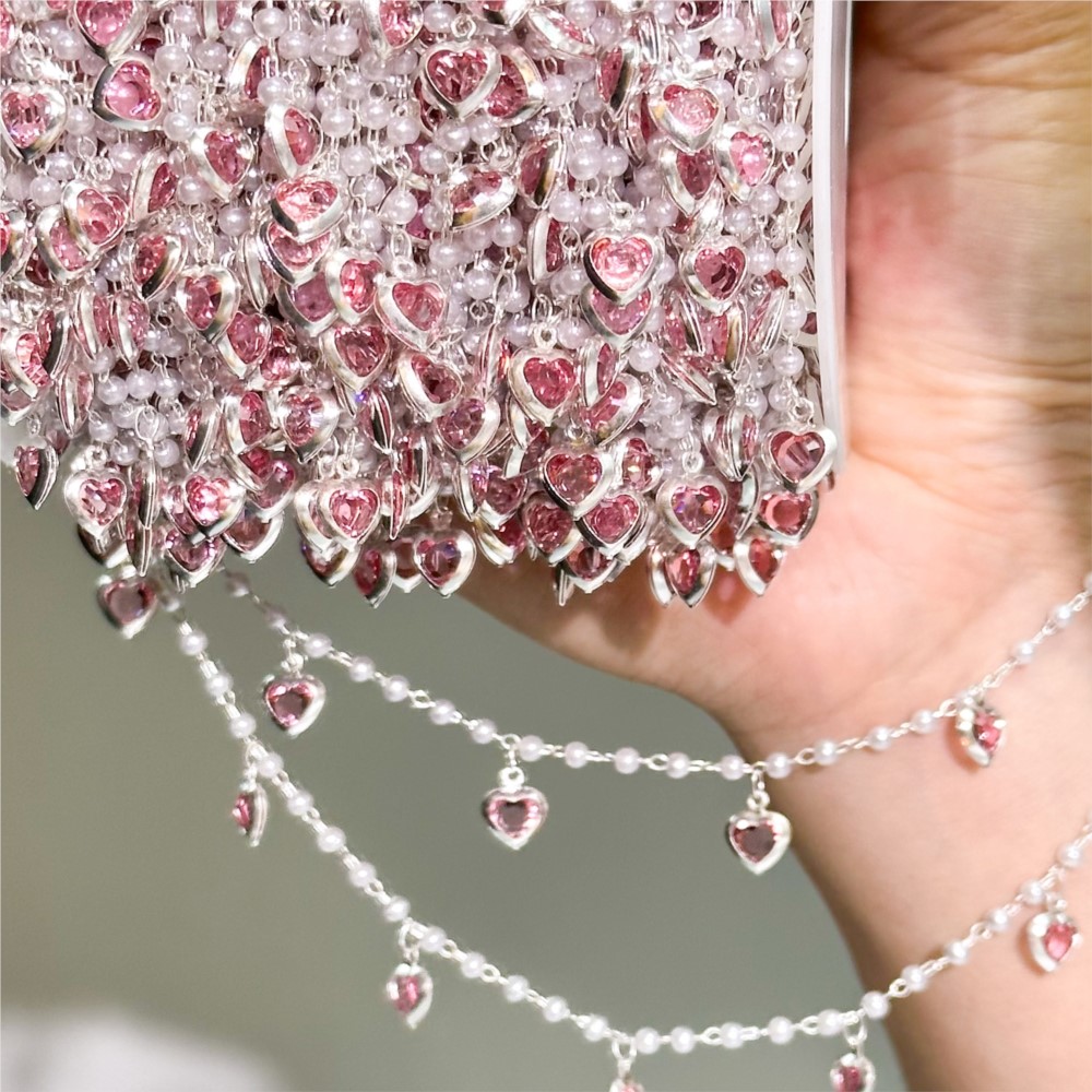 Pearl Trim Chain - โซ่ทองเหลืองรูปหัวใจคริสตัลสีชมพูขนาด 0.5 เมตร/1 เมตร สำหรับทำเครื่องประดับ ขนาด