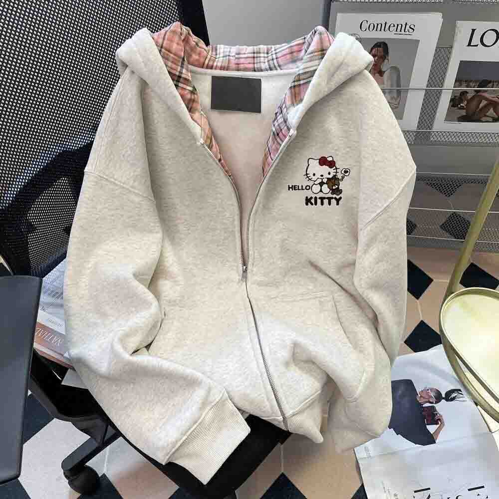 Embellish Knit - เสื้อสเวตเตอร์มีฮู้ดผู้หญิงลายเฮลโล คิตตี้ ลายการ์ตูนน่ารัก สำหรับนักเรียน ฤดูใบไม้ร่วง แขนยาว