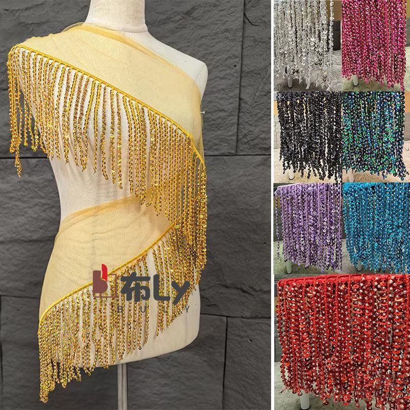 Tassel Fringe Trim - พู่ประดับเลื่อมลูกปัดขนาด 15 ซม. ตกแต่งด้วยงานปักแบบชาติพันธุ์ สำหรับตกแต่งกระโปรงชุดการแสดงและเครื่องประดับสำหรับนักออกแบบแฟชั่น