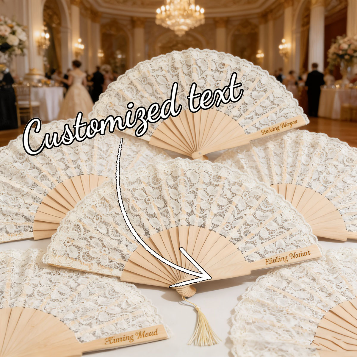 Tassel Fringe Trim - พัดไม้พับลายลูกไม้สลักชื่อและวันที่ส่วนตัว พร้อมพู่ห้อย ของชำร่วยงานแต่งงาน ของที่ระลึกสำหรับเจ้าสาว