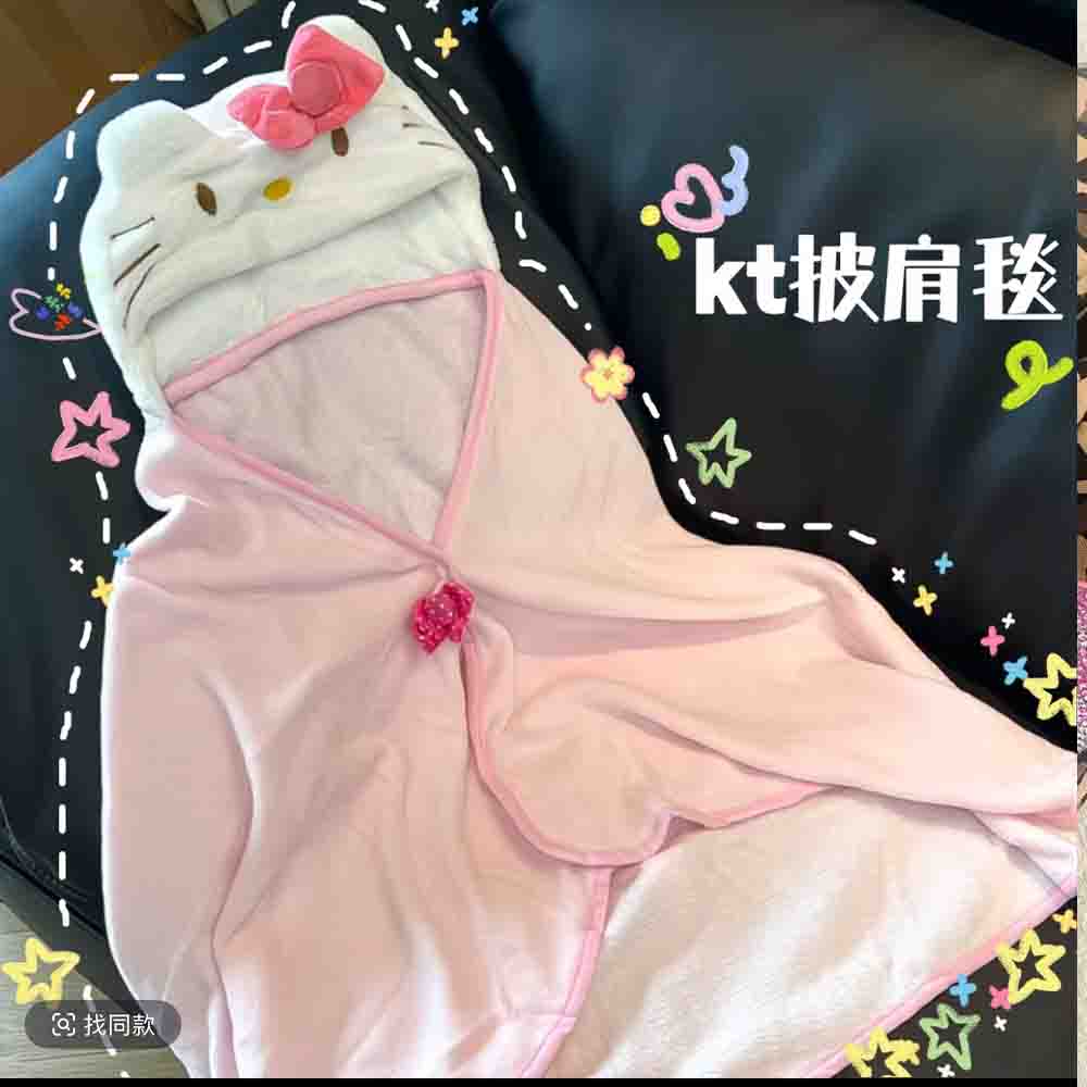 Embellish Knit - ผ้าคลุมฮีลโลคิตตี้น่ารัก ผ้าห่มปรับอากาศแบบมีฮู้ด สำหรับนักเรียน หอพัก สำนักงาน ของตกแต่งบ้านสำหรับแม่บ้าน