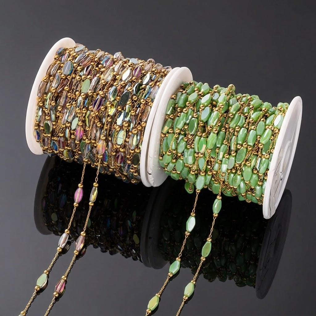 โซ่สแตนเลสสตีลสีทองประดับคริสต - Pearl Trim Chain บทวิจารณ์และราคา