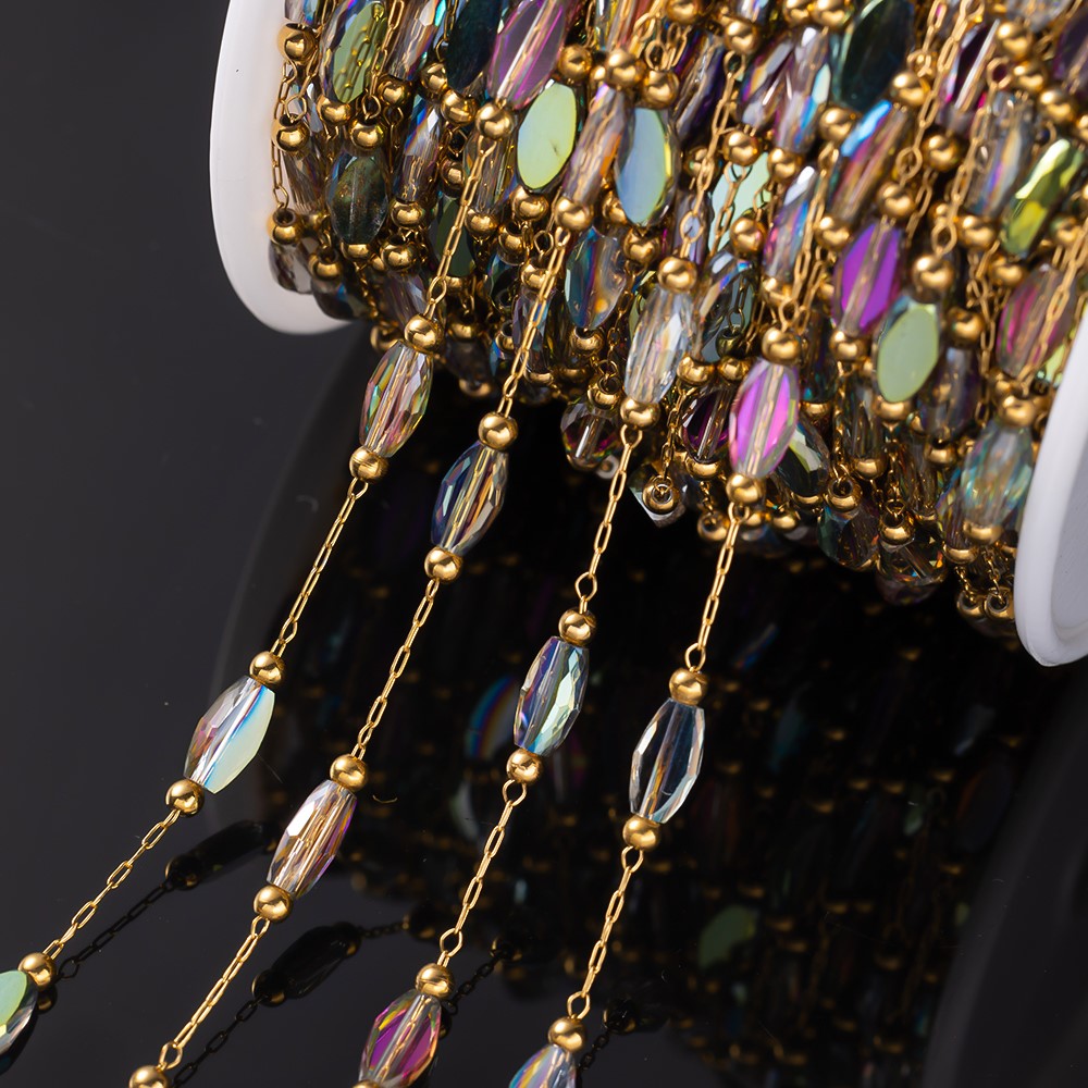 โซ่สแตนเลสสตีลสีทองประดับคริสต - Pearl Trim Chain บทวิจารณ์และราคา